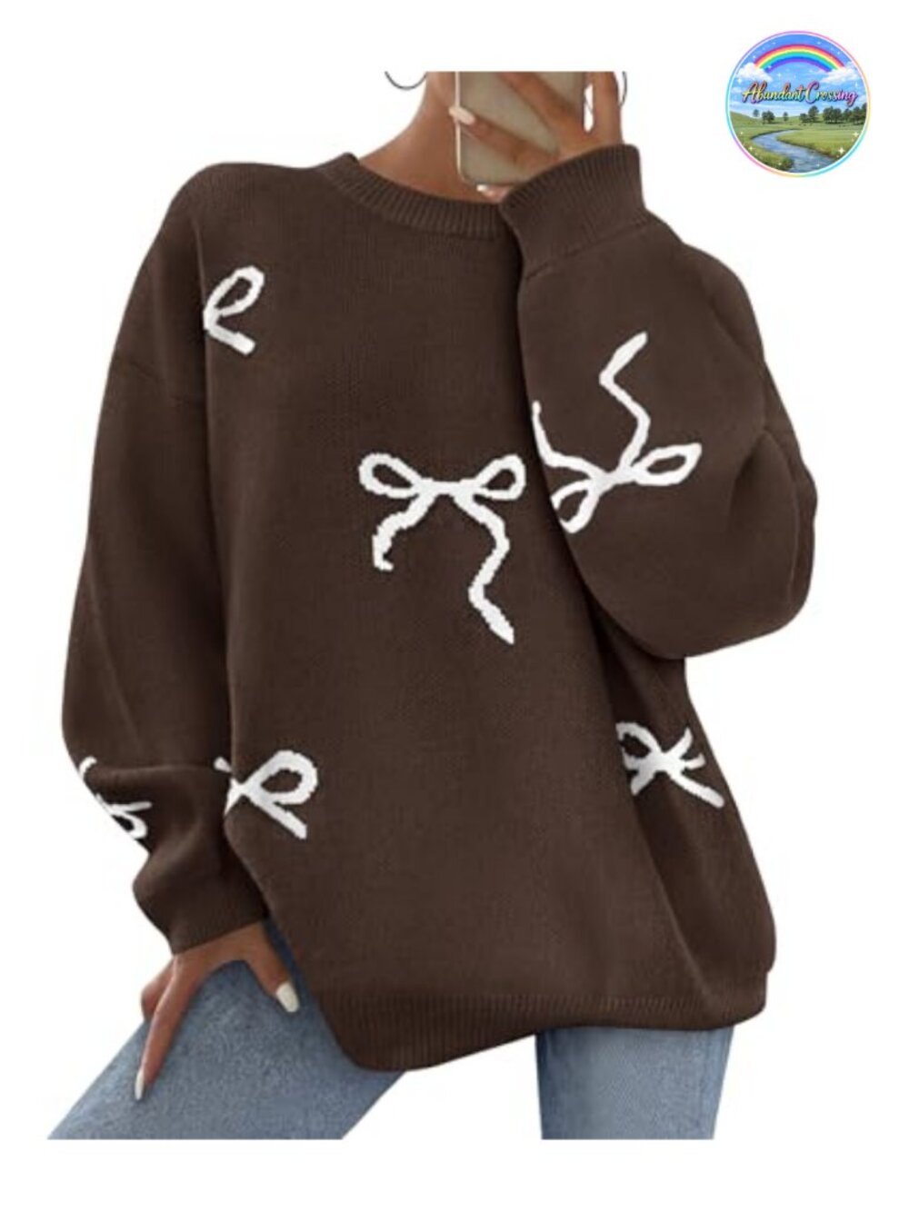 Women's Long Sleeve Bow Print Oversized Chunky Knit Pullover Sweater